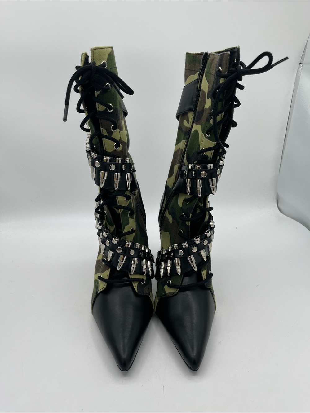 Funtasma Green Camo Lace-Up Studded Pointed Toe Heeled Boots